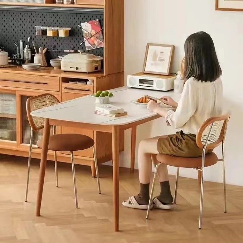 Vintage Wood Metal Leather Dining Chair