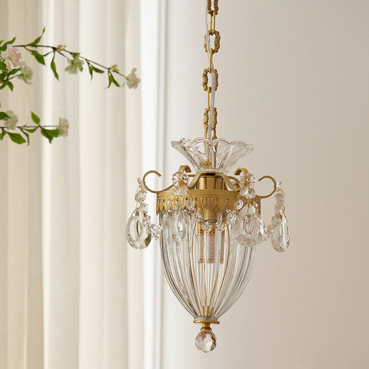 French Lantern Carved Copper Crystal Pendant Light