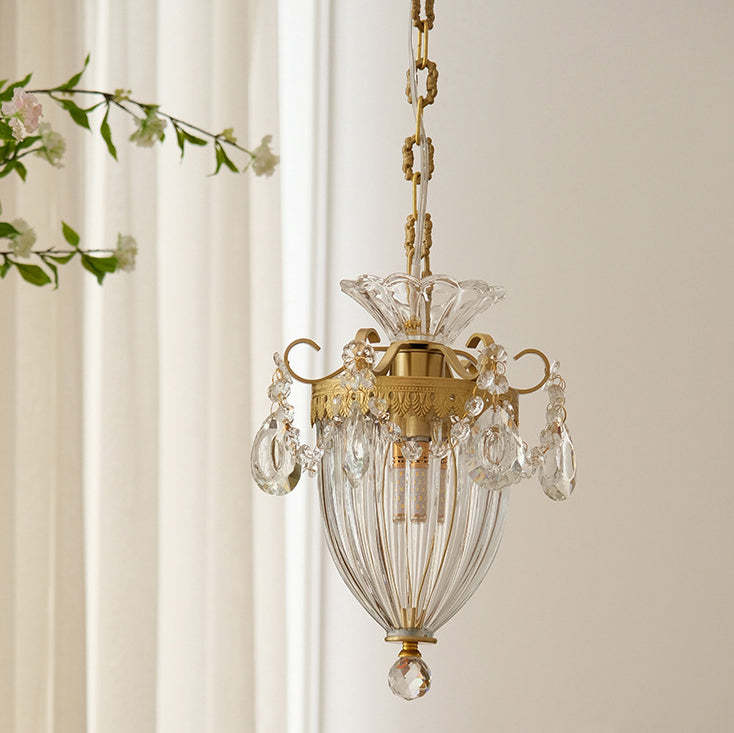 French Lantern Carved Copper Crystal Pendant Light