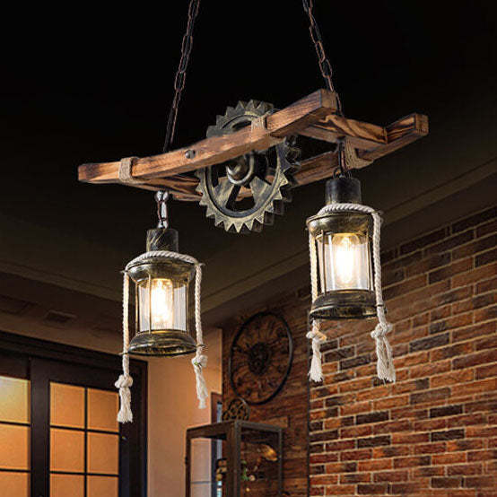 Vintage Industrial Wood Metal Island Chandelier