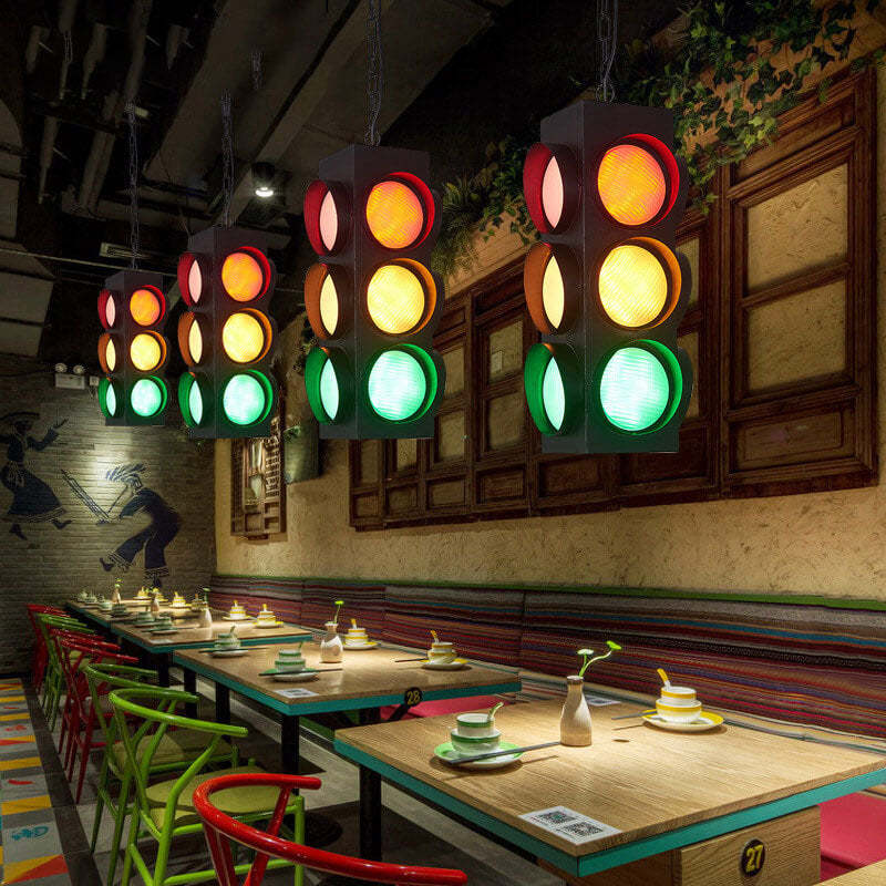 Retro Industrial Traffic Light Iron Glass Pendant