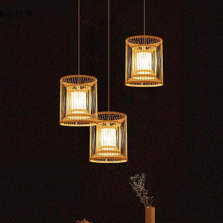 Chinese Round Vertical Bamboo Pendant Light