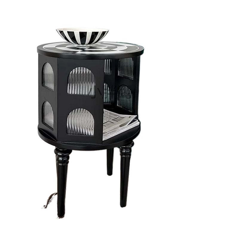 Vintage Cylinder Checkerboard Wood Glass End Table