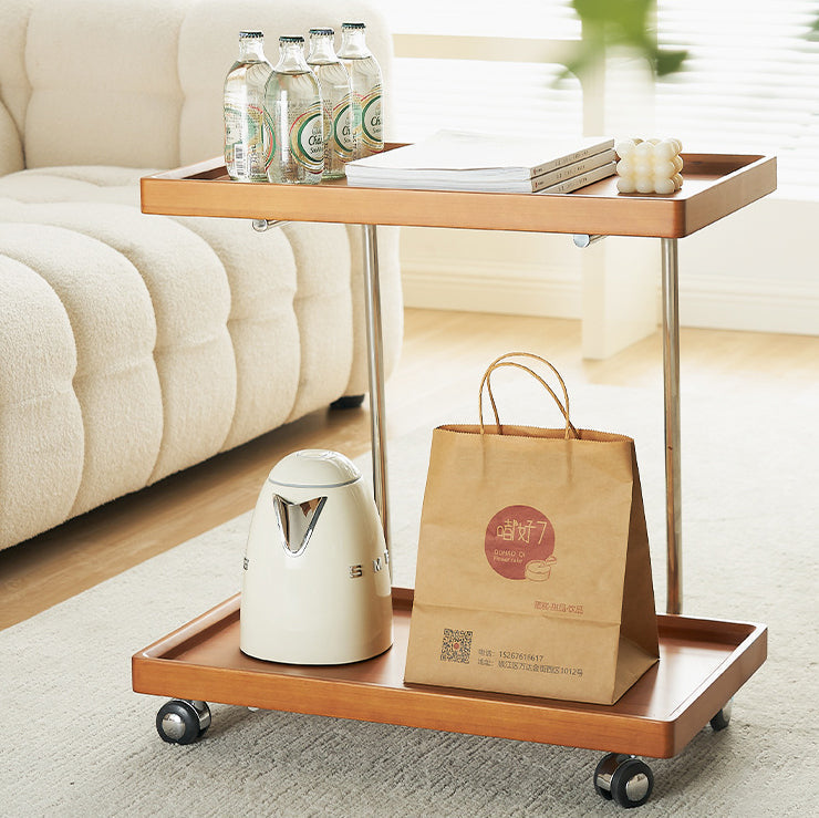 Minimalist Wood Metal 2-Tier Wheeled End Table