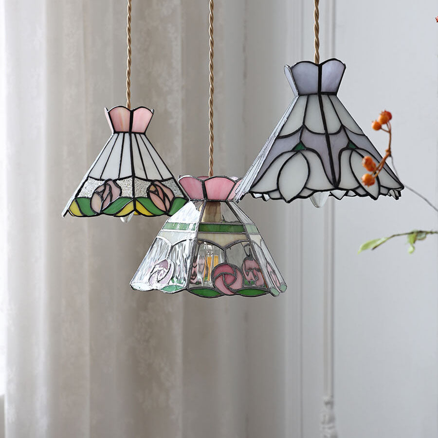 Vintage Tiffany Rose Conical Stained Glass Pendant Light