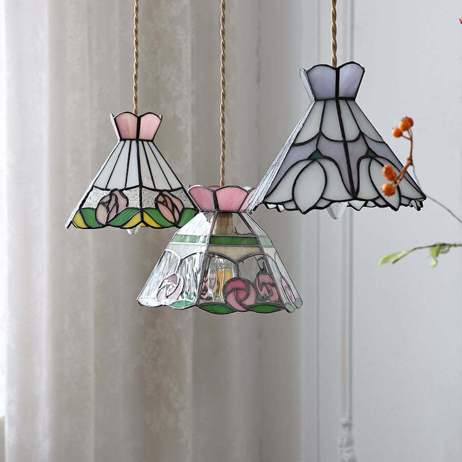 Vintage Tiffany Rose Conical Stained Glass Pendant Light