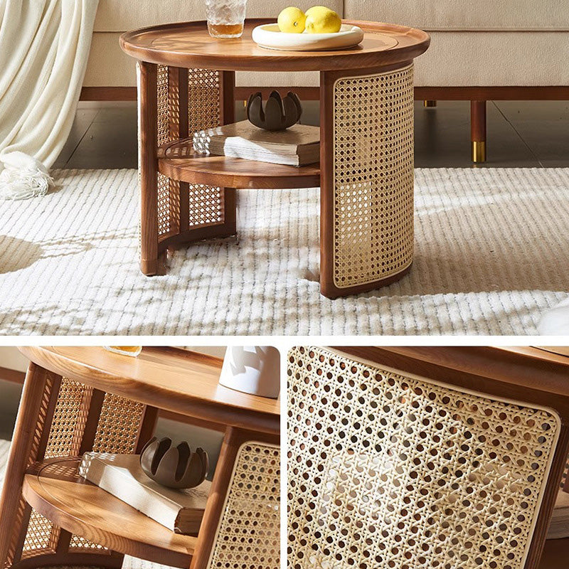 Japanese Rattan Wood Marble 2-Tier Coffee Table