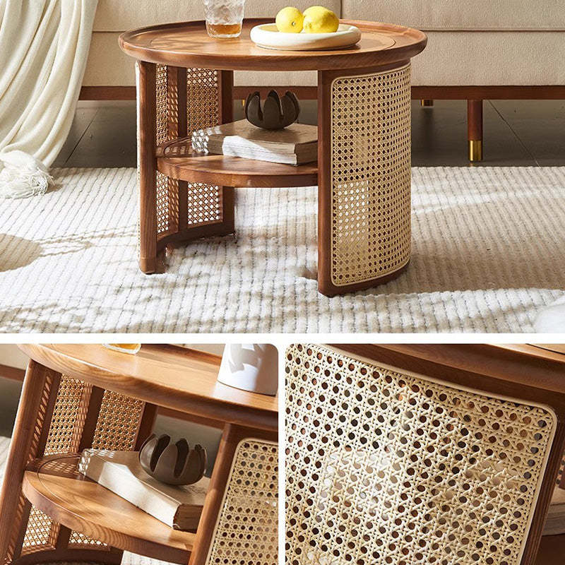 Japanese Rattan Wood Marble 2-Tier Coffee Table