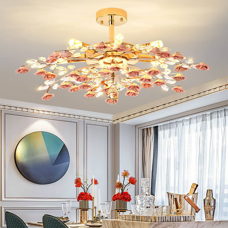 Modern Luxury Rose Iron Ceramic Crystal Chandelier