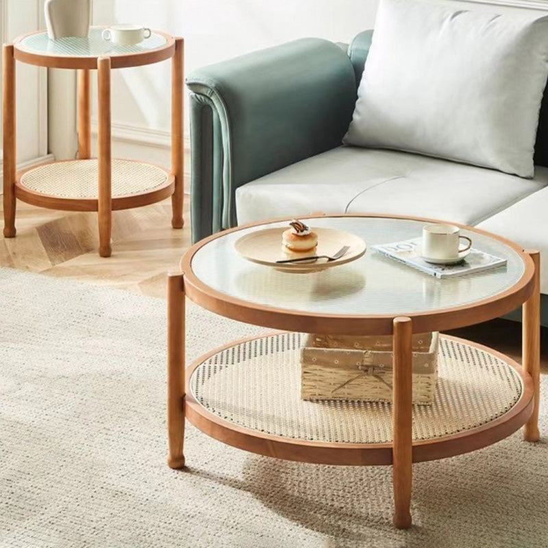 Minimalist Glass Rattan Wood 2-Tier Round Coffee Table