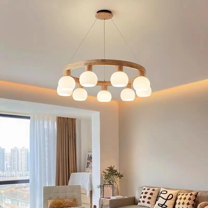 Modern Japanese Log Ring Textured Glass Globe Chandelier
