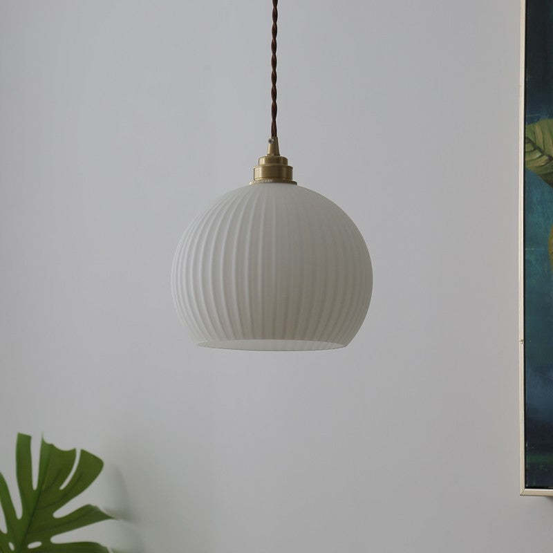 Modern Ribbed Glass Semicircle Copper Pendant Light