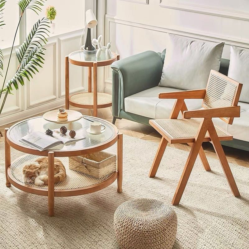 Minimalist Solid Wood Glass Rattan Coffee Table