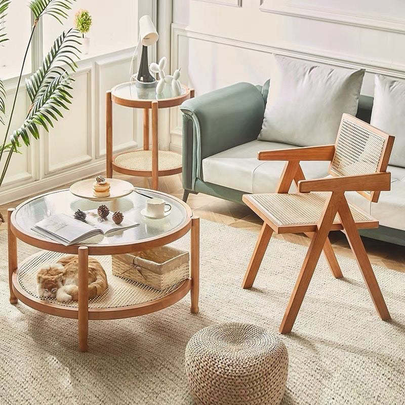 Minimalist Solid Wood Glass Rattan Coffee Table