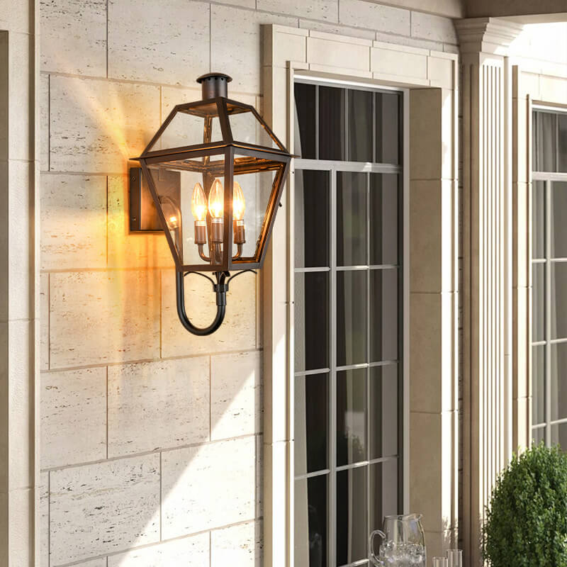 Industrial Glass Lantern Iron 3-Light Outdoor Wall Sconce
