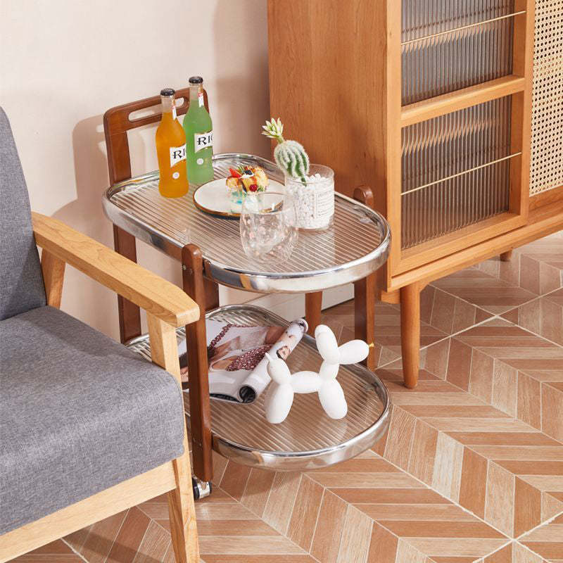 Japanese Oval Wood Steel Glass 2-Tier End Table