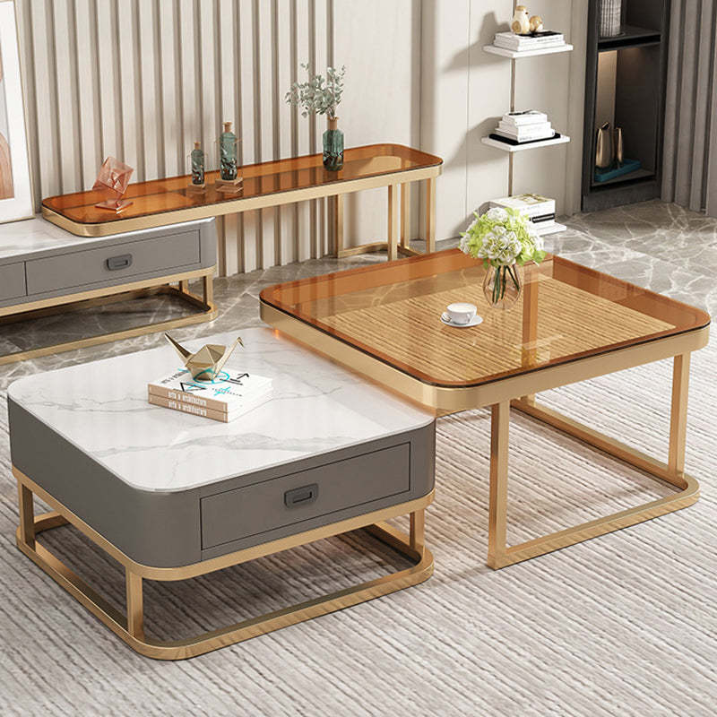 Minimalist Rock Slab Glass Square Coffee Table 1-Drawer