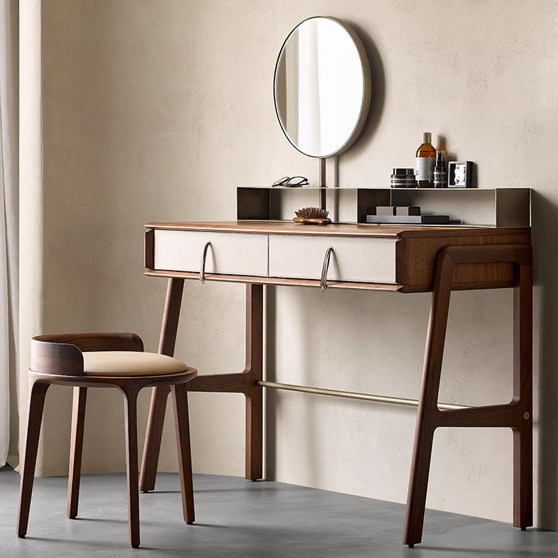 Vintage Leather Wood Vanity Stool