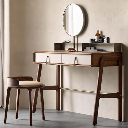 Vintage Leather Wood Vanity Stool