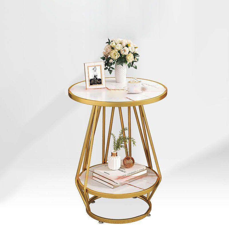 Contemporary Marble Metal Round Side Table 2-Tier Storage