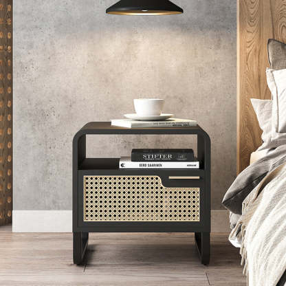 Minimalist Wood Rattan 1-Drawer Nightstand