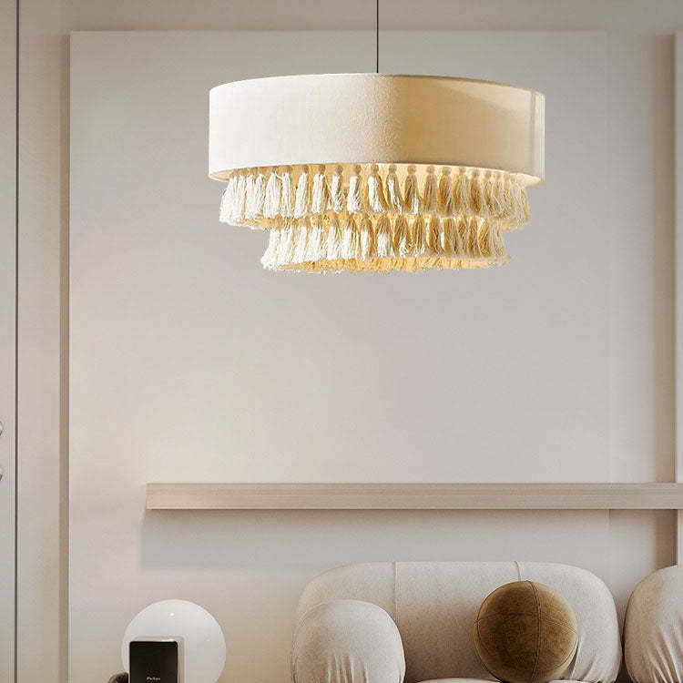 Boho Fabric Cylinder Tassel Braided Rope Chandelier