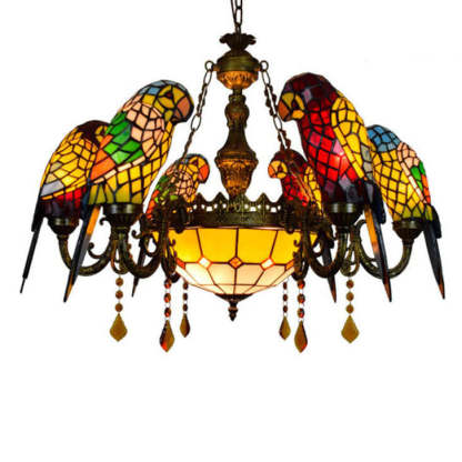 Tiffany Luxe Stained Glass Parrot Chandelier