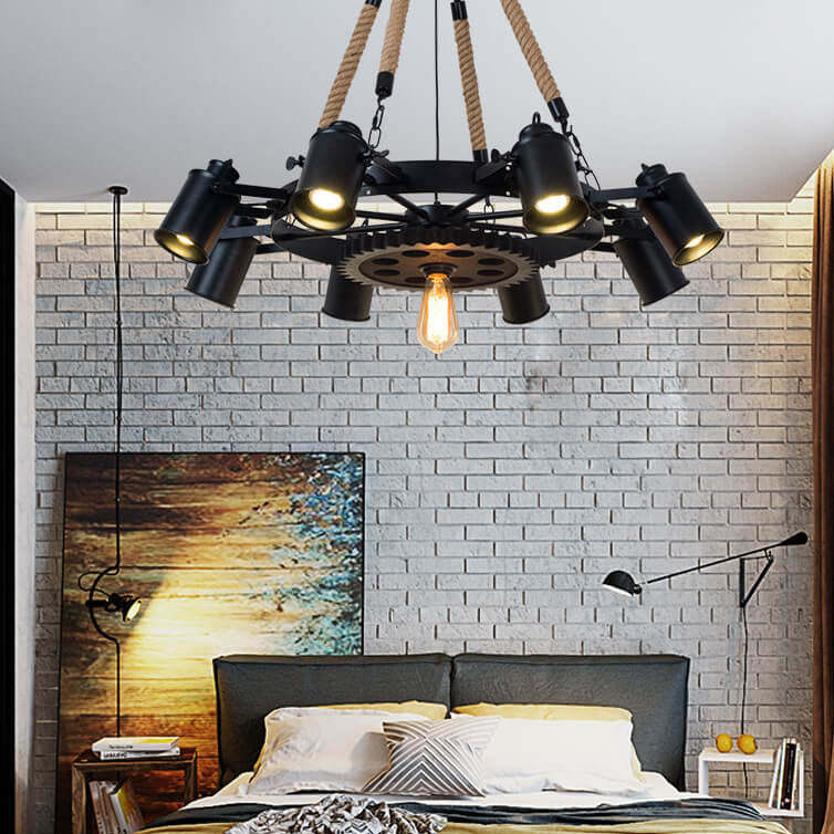 Industrial Retro Gear Wrought Iron Hemp Rope Chandelier