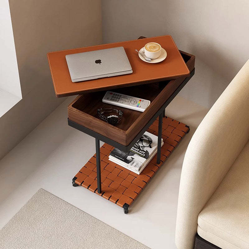Minimalist Iron Leather Wood Rectangular End Table 1-Storage