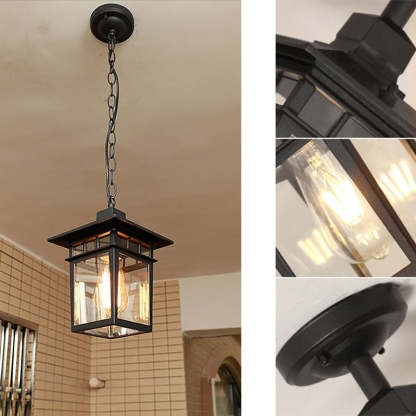 European Square Cage Aluminum Glass Outdoor Pendant Light