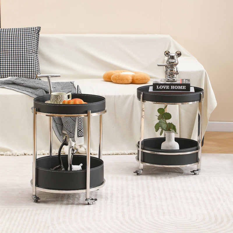 Contemporary Steel Leather 2-Tier End Table — Black