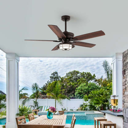 Industrial Wood Blade Ceiling Fan Light — Frequency + Remote Control / 110V-120V For US/CA