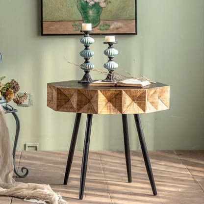 Vintage Distressed Wood Iron Splayed-Leg Polygon Side Table