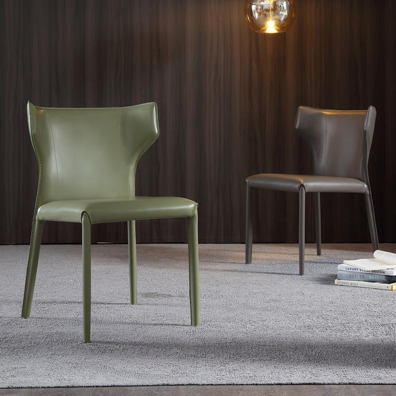 Minimalist Leather Steel Wing-Back Dining Chair — Off-white