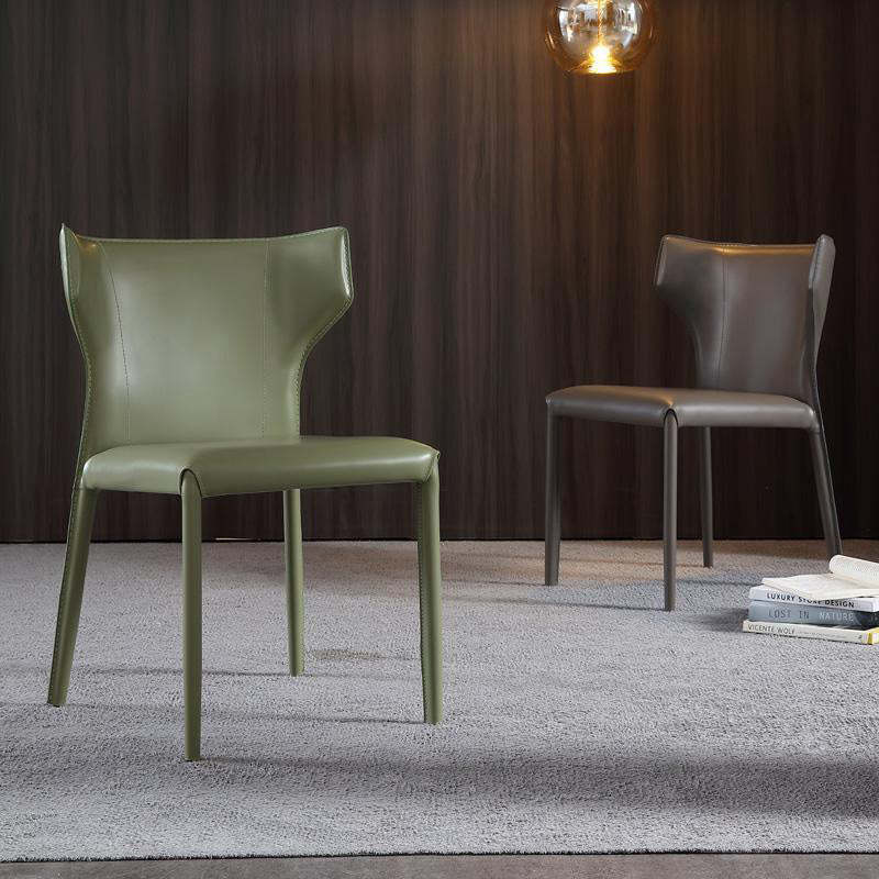 Minimalist Leather Steel Wing-Back Dining Chair — Off-white