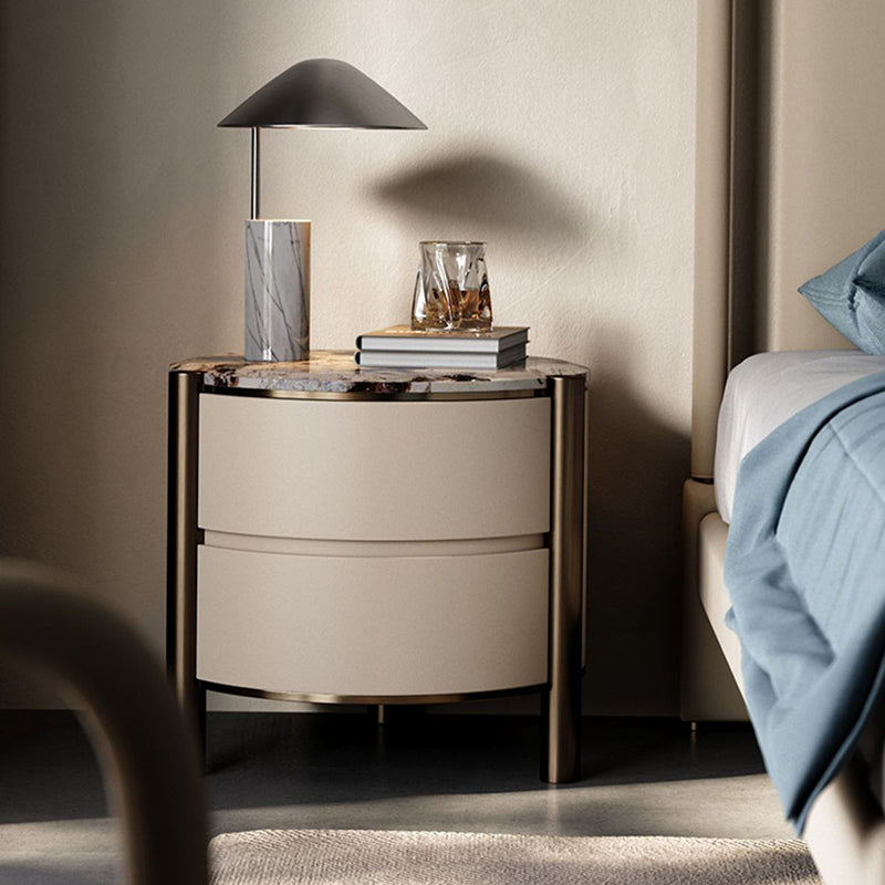Modern Marble Solid Wood Round Nightstand 2-Drawer