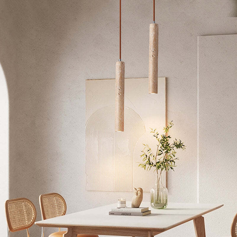 Japanese Wabi-Sabi Yellow Travertine Cylinder Pendant Light