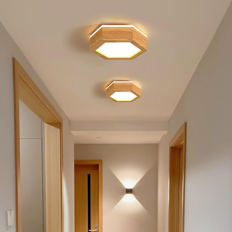 Modern Wooden Hexagonal LED Flush Mount Light