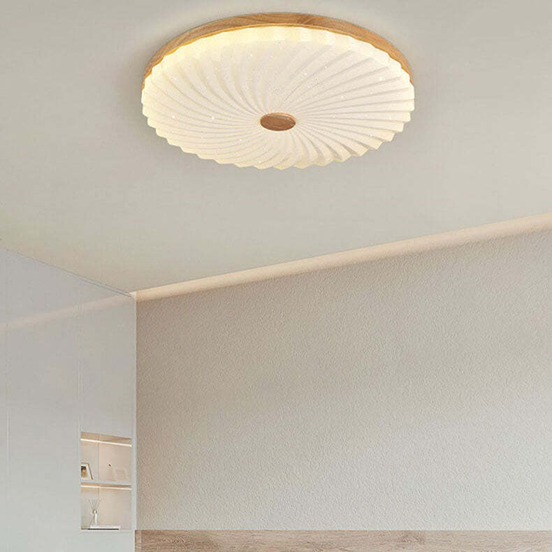 Modern Wood Pleated Star Round LED Flush Mount Light