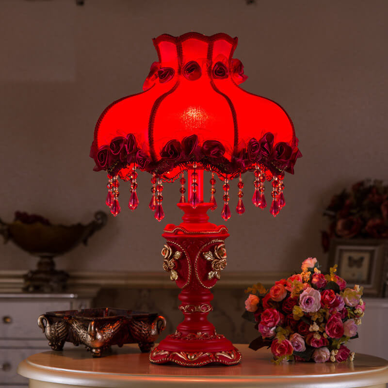 European Wedding Red Fabric Tassel Resin Table Lamp