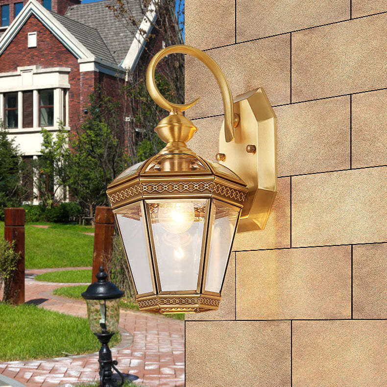 European Hexagonal Lantern Copper Glass Outdoor Wall Sconce — A / 220V-240V For UK/AU