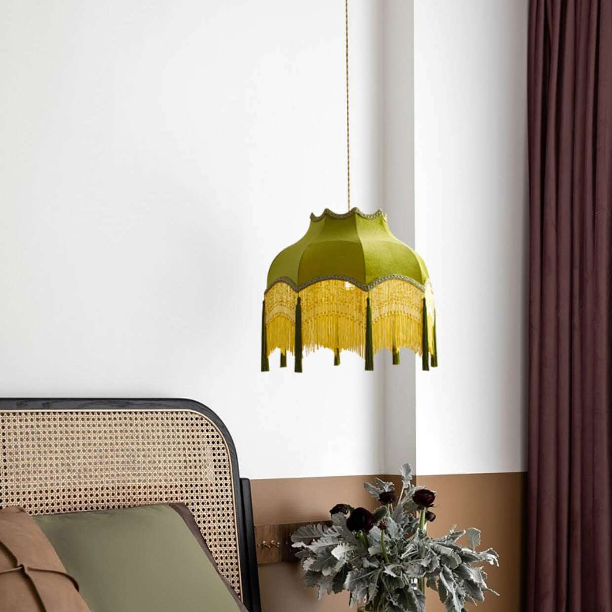 French Vintage Fabric Tassel Brass Pendant Light