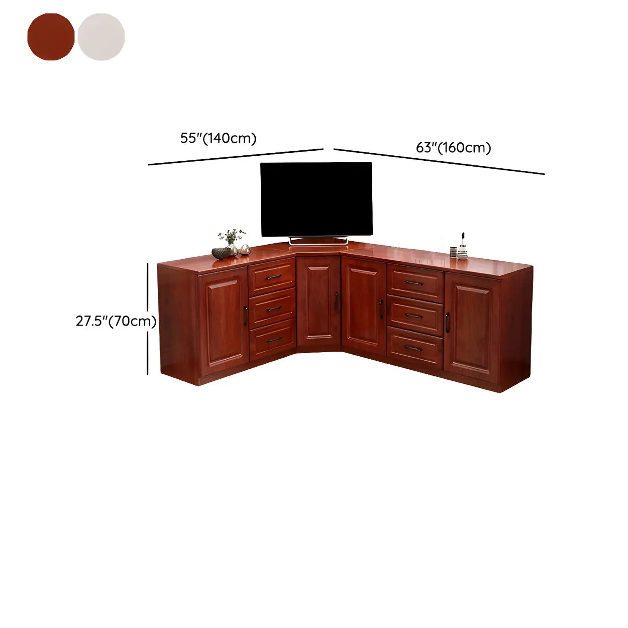 Red Brown Wood Corner TV Stand with Drawers — Red Brown