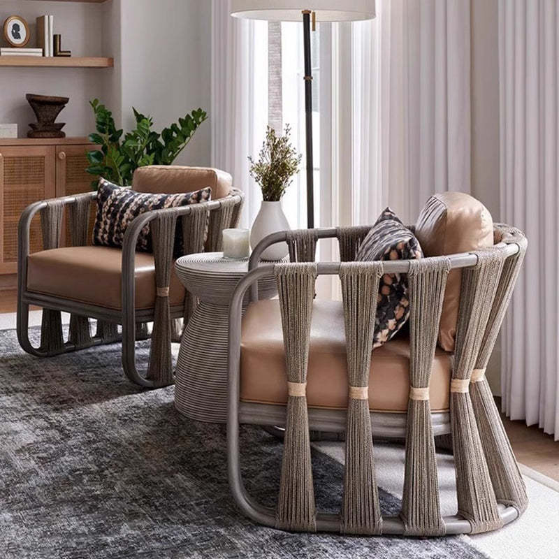 Scandinavian Wood Rattan Fabric Armchair