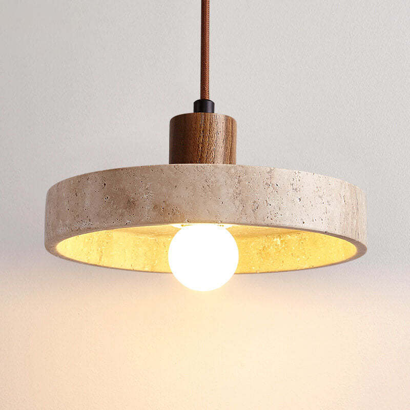 Japanese Solid Wood Disc Yellow Travertine Pendant Light