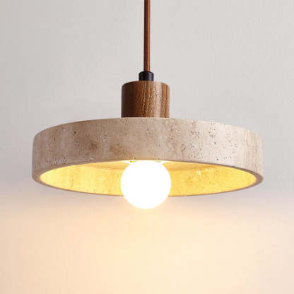 Japanese Solid Wood Disc Yellow Travertine Pendant Light