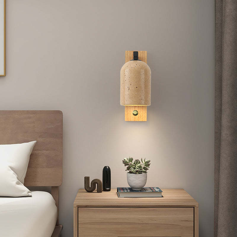Japanese Vintage Stone Cylinder Wooden Base Sconce