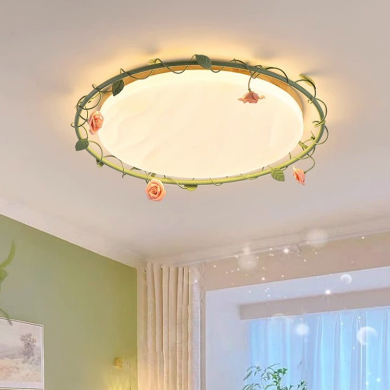 Round Rose Leaf Iron Rubberwood Acrylic LED Flush Light