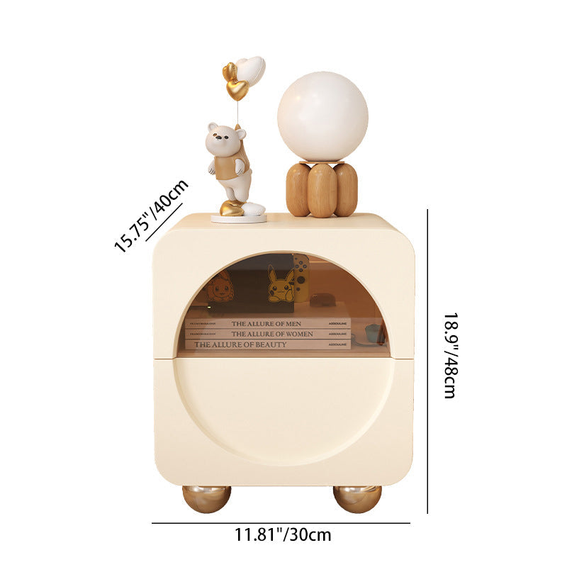 Minimalist Wood Glass Rounded Rectangular Nightstand — Beige