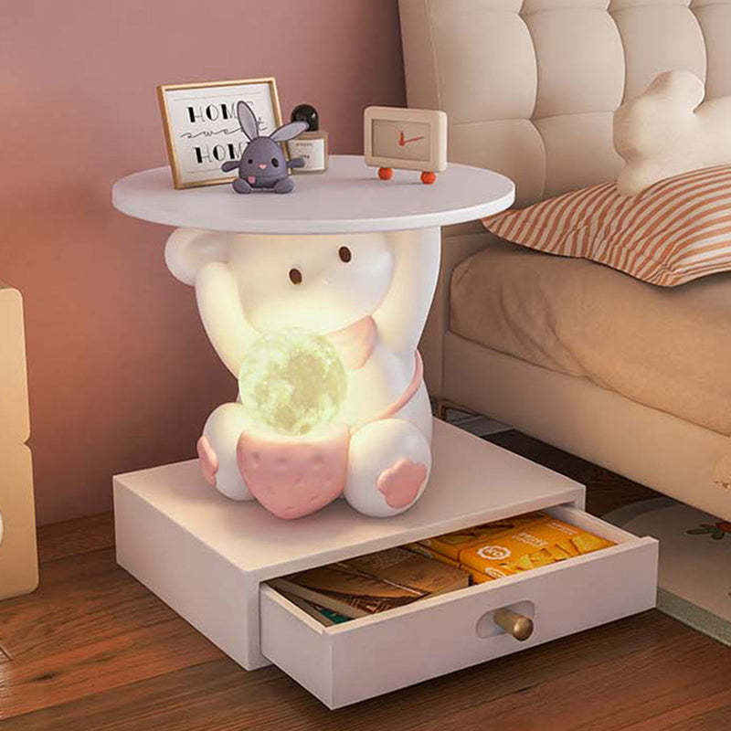Modern Art Deco Kids Rabbit Resin Wood End Table 1-Drawer — Only End Table / Pink